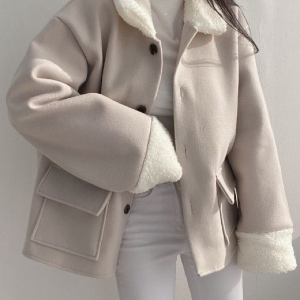 Beige Sherpa Trim Lightweight Korean Cozy Overshirt Jacket - Picture 5 of 12